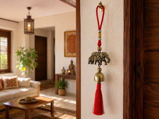 Colgante Feng Shui de Elefantes con Campana y Borla Roja