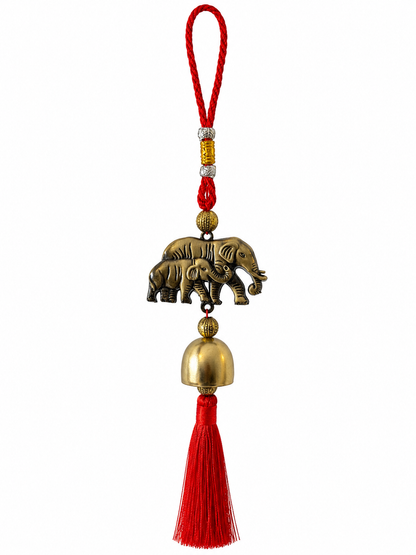 Colgante Feng Shui de Elefantes con Campana y Borla Roja