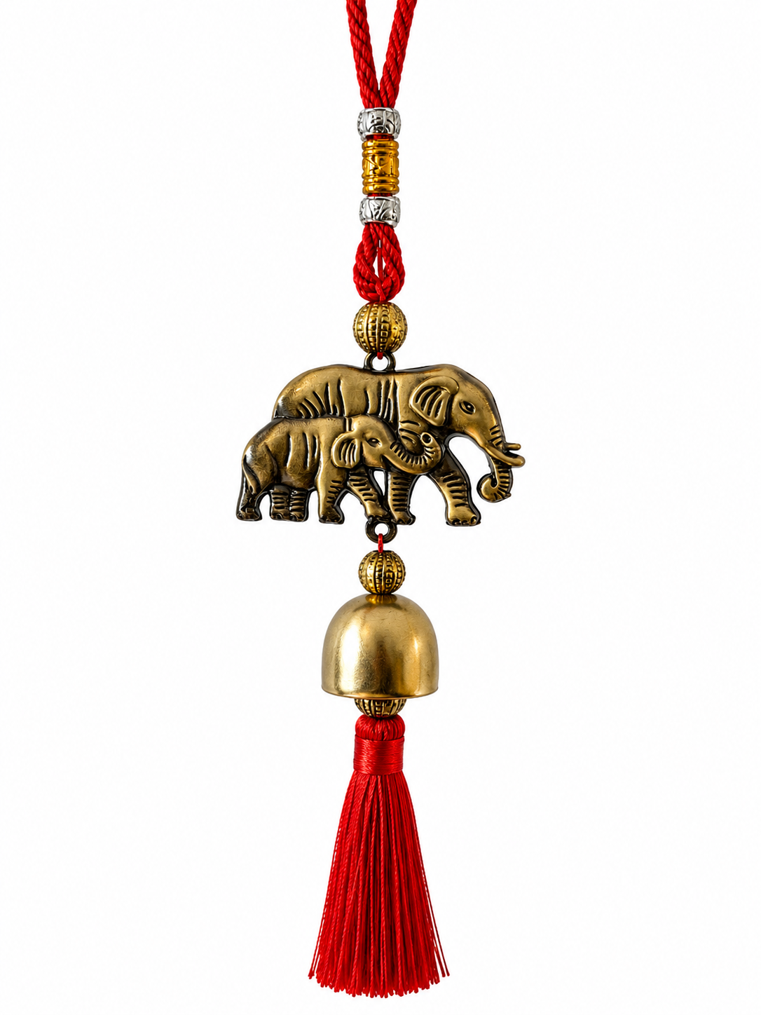 Colgante Feng Shui de Elefantes con Campana y Borla Roja