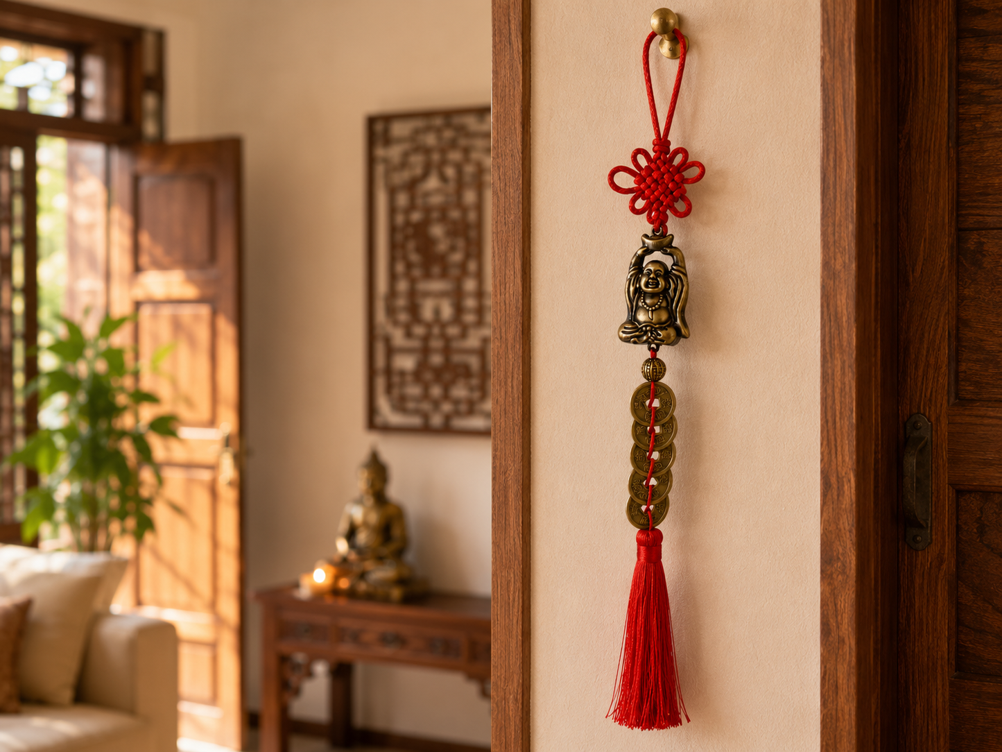 Colgante Feng Shui Buda de la Prosperidad con Monedas Chinas