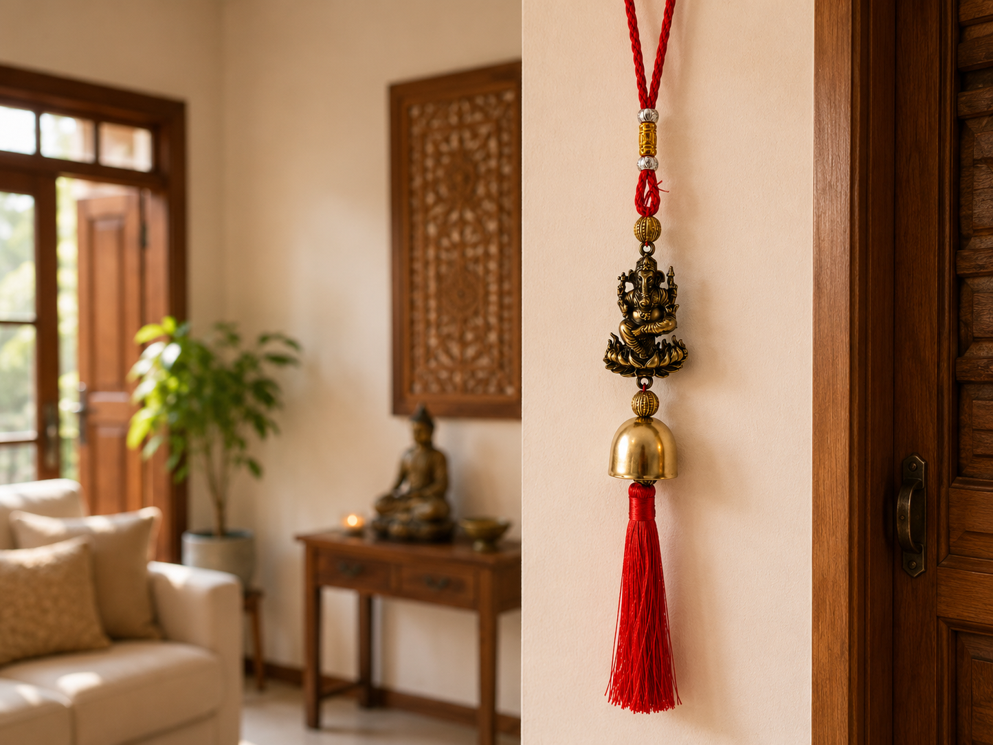 Colgante Feng Shui de Ganesha con Campana y Borla Roja